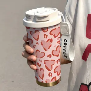1 Pc insulated mug, Thermos cup, pink heart vacuum cup, Leakproof tumbler, double wall stainless steel leak-proof travel tumbler for hot cold drinks, keeps warm 12 hours/cold 24 hours, 18oz coffee thermal mug for women, Valentine