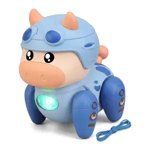 Pull String Crawling Cow Toy with LED Light, Cute Interactive Walking Animal Toy for Toddlers