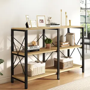 47"/55" 3 Tier Industrial Book Shelf, Free Standing Horizontal Low Metal Rustic Farmhouse Book Case with Wood Shelves  for Entryway,Hallway, Kitchen, Living Room and Bedroom, Easy Assembly