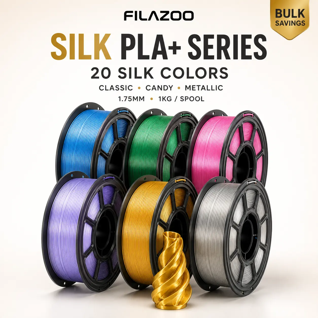 FILAZOO Silk PLA Filament - Metallic, Soft Candy, 1.75mm, 1KG (2.2LB) Spool, Glossy Shine Metallic Finish, Smooth Surface for PLA Printers, Decorative Use Models & Crafts, Metallic Look