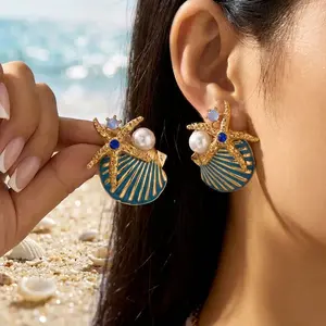 Trend Seas Starfish Stud Earrings for Women Elegant Imitation Pearl Zircon Sea Star Earring Beach Party Vacation Jewelry