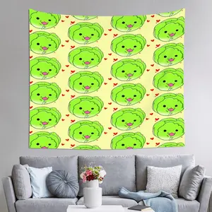 2D Flat, 1pc Cute Cabbage & Cabbage Leaf Wall Hanging Tapestry - Large Green Cabbage Head Characters with Smiling Faces, Pink Hearts & Yellow Background, 51x60 Inch Horizontal Fade-Resistant Polyester Fabric Room, Party Decor, 2D Flat, Tapestries,