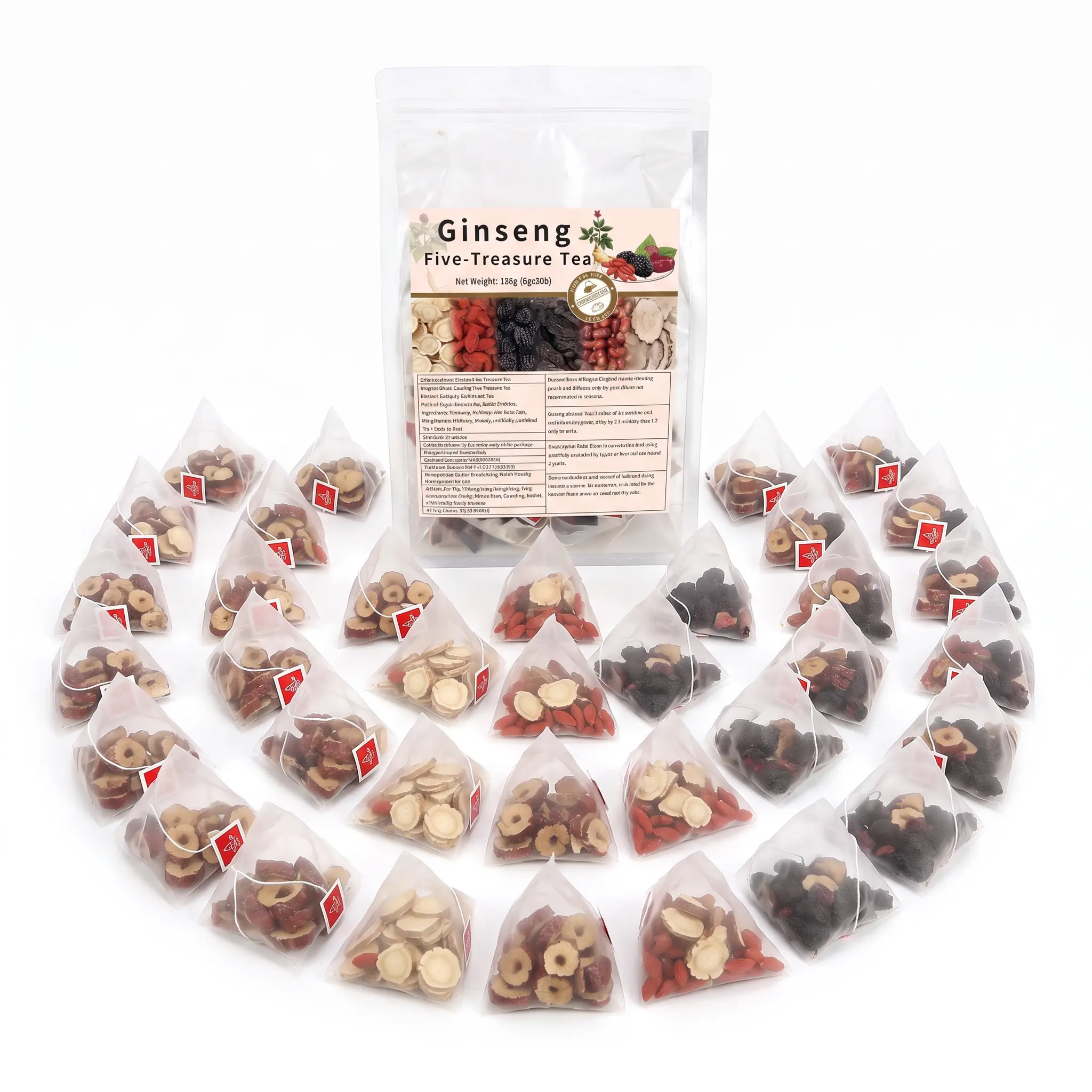 30 Packs Ginseng Five Treasure Tea, Caffeine Free All-Natural Herbal Wellness Tea