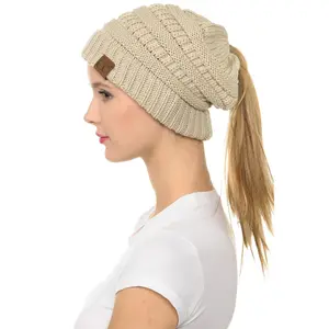 Soft Stretch Cable Knit Warm Hat High Bun Ponytail Metallic Warmth Beanie - C.C MB20AM