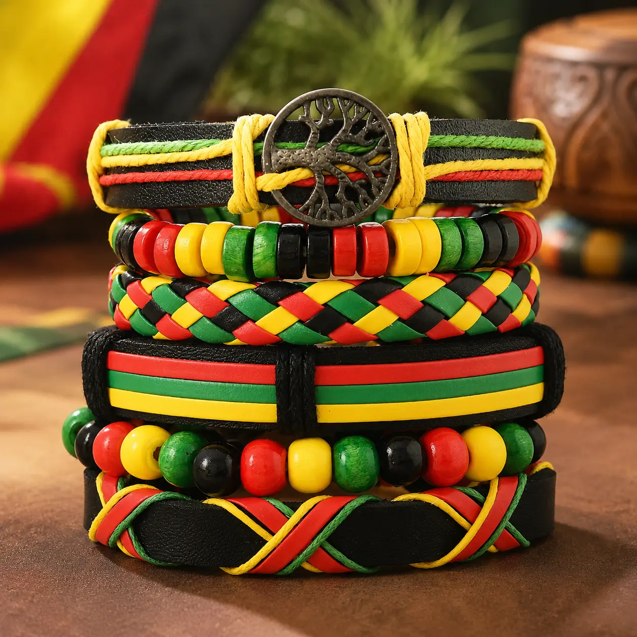 Juneteenth African Black History Month Wooden Beaded Strand Fashionable Bracelets, Multi-Layer Leather Ethnic Tribal Braided Layered Bracelet Set, Beaded Strand Bracelet