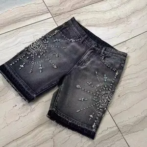 Personalized and trendy street rhinestone decorated hip-hop denim shorts for men, high street niche versatile summer high-end American retro washed denim shorts straight leg men's pants Hip - Hop Festival Denim Bottoms Casual Weekend Hangouts Urban