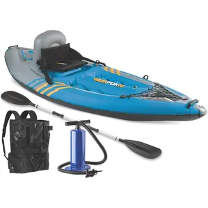 1-Person Inflatable Kayak with Backpack System 21-Gauge PVC Construction Hand Pump Paddle Included 5-Minute Setup Comfortable Seat & Drink Holder