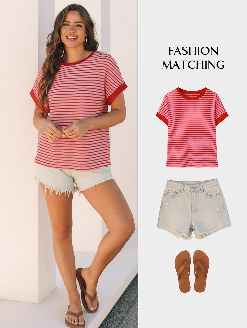 Asivivid Women's Striped Ribbed Knitted Drop Shoulder Round Neck T-Shirt Summer Tops Daily Everyday Wear Shirt Top