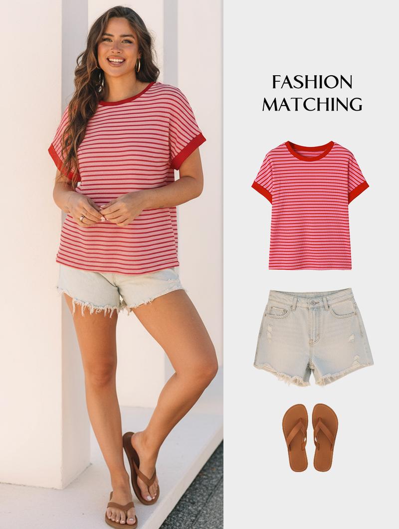 Asivivid Women's Striped Ribbed Knitted Drop Shoulder Round Neck T-Shirt Summer Tops Daily Everyday Wear Shirt Top