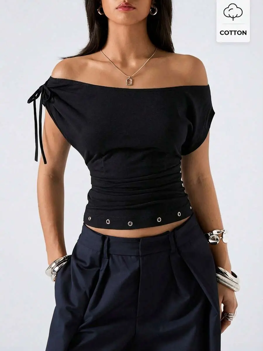 JEWEL Minimalist Casual Black Off-Shoulder Cinched Waist T-Shirt Spring Summer Top for Women