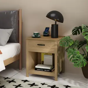 Wood Nightstand with Drawer and Open Shelf, Natural Brown