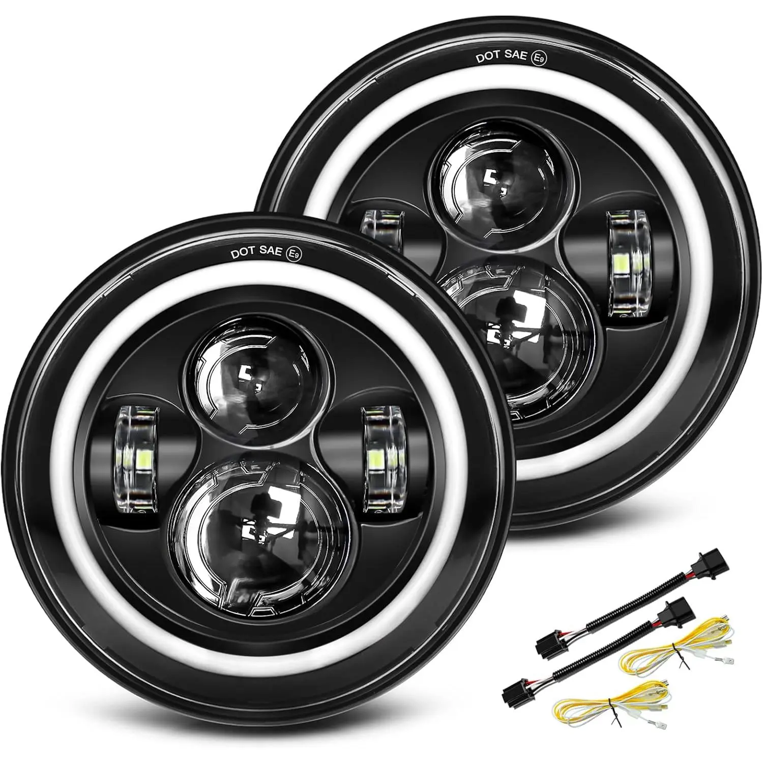 2pcs 7in DOT Approved Black Round Aftermarket Automotive LED Headlight Bulbs with DRL/Beam, Turn Signal, High Beam, Compatible with Jeep Wrangler JK-TJ-CJ, Hummer H1-H2
