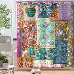 Boho Patchwork Shower Curtain for Bathroom Bohemian Style Colorful Floral Vintage Retro Shower Curtain with Hooks Polyester Fabric Waterproof Bath Decor