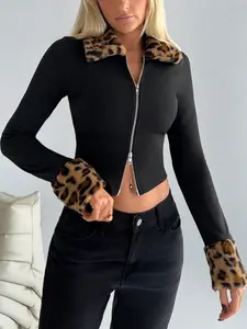 Women's Fitted Long Sleeve Zipper Imitation Fur Coat, Dark Street Style Leopard Print Jacket, Vintage Y2K, All Seasons Fashion