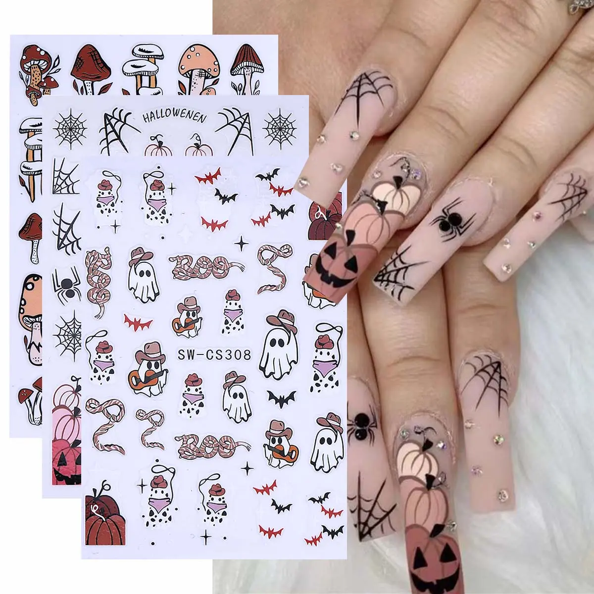 3pcs Cute Halloween Nail Art Stickers, Nail Decals, Sticker Sheet, Ghost Pumpkin Spider Web Bat Mushrooms Designs, DIY Self-Adhesive Matte Finish, Perfect Gift for Women & Girls, Nail Art Supplies, Diy Nails