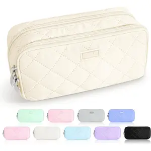 Z-PCB11  Large Pencil Case Pouch,Extra Big Pencil Bag with 8 Compartments,Pen Bag Wide Opening,Soft Quilted Pencil Pouch Organizer with Zipper,Portable Pencil Case for Teen Girls,Beige