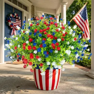 Hananona 12 Pcs Artificial Flowers Outdoor, Faux Artificial Plants UV Resistant Plastic Patriotic Flower Bulk for 4th of July Hanging Planter Porch Window Home Summer Decor 12, Red, White, Blue