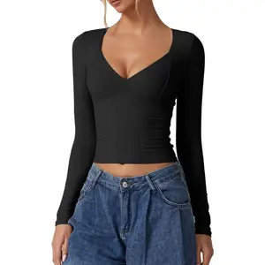 Women's Basic Long-Sleeve V-Neck Crop Top - Double-Lined Seamed Cup, Short Long Sleeve Tops Women Clothes, Going-Out Wear