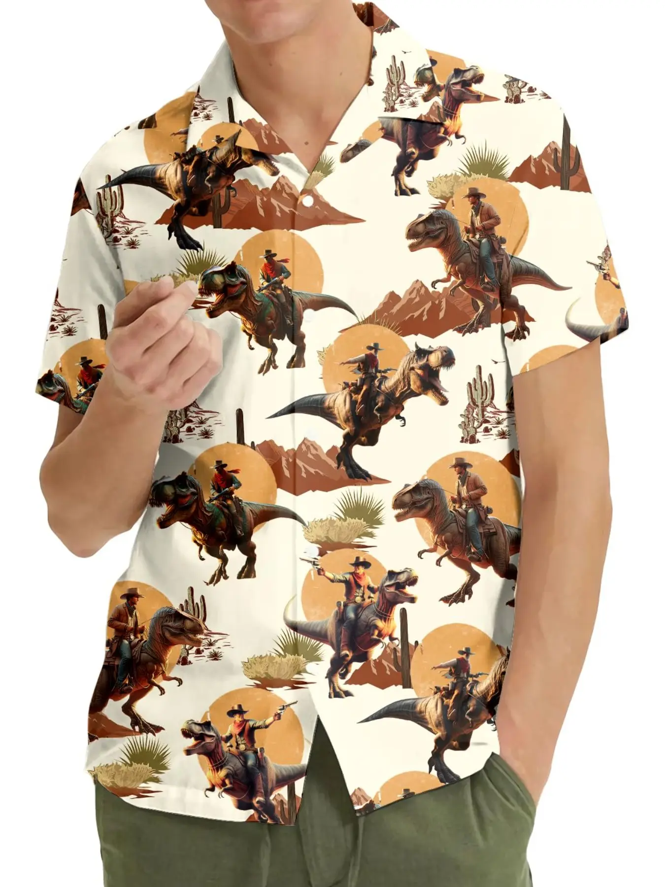Dinosaur Print Cuban Collar Blouse, Hawaii Beach Short Sleeve Shirt, Beach Life Shirt, Summer Casual Button Front Top, Unisex Surfing Wear, Collared, Beachwear, Tropical