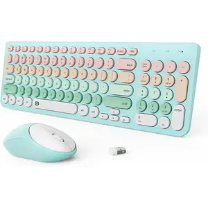 Keyboard and  Combo, 2.4GHz Colorful Cute Round Keycaps Keyboard for Office  PC Desktops Laptop (96  Light Blue)