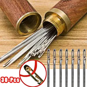 Stainless Steel Blind Sewing Needle Set, 1 Set Including 30pcs Quick Automatic Self-threading Needle & 1 Count Storage Bucket, Stitching Pins, DIY Punch Needle Threader, Sewing Tools