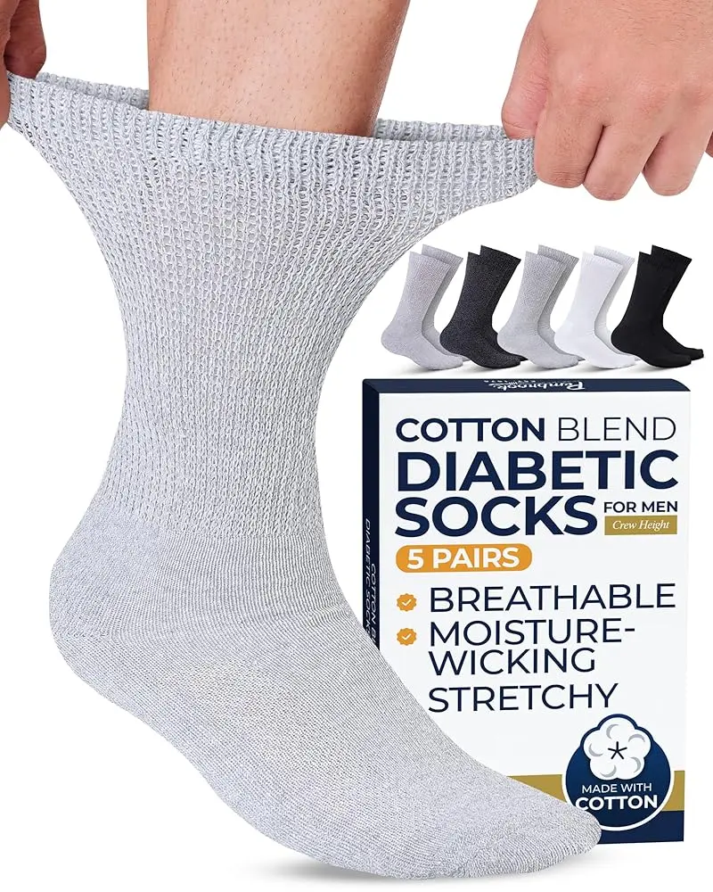 Pembrook Men's 5-Pack Diabetic Crew Socks, Solid Cotton with Non-Binding Stretch and Smooth Toe for Cushioned Comfort, Black/White/Light Gray/Dark Gray Neutrals - 5 Pair