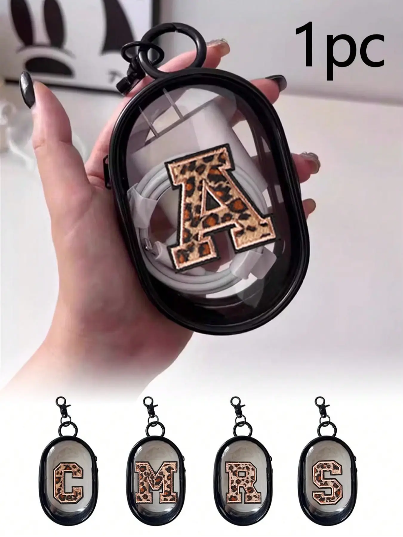 Portable Mini Transparent Zipper Storage Bag, Includes Leopard Print Towel, Embroidered Letter Keychain, Compact Multi-Functional Pouch, Keychain Included, With Keychain