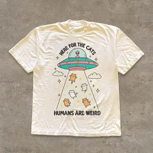 Comfort Colors Funny Cat Shirt Here For The Cats Humans Are Weird Vintage Cartoon Tee Alien UFO Cat Lover Gift Retro Pastel Graphic Unisex T Shirt