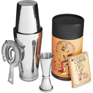 Cocktail Shaker Boston Shaker Set Professional Weighted Martini Shakers, Strainer and Japanese Jigger, Portable Bar Set for Drink Mixer Bartending, Exclusive Recipes Cards (Silver)