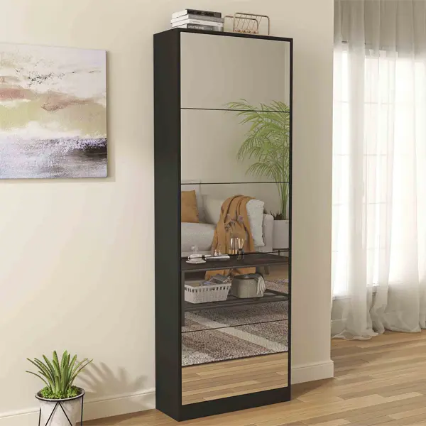 Shoe Storage Cabinet With Full Length Mirror,Wooden Freestanding Shoe Rack Organizer With 5 Tiers Flip Drawers & 30 Pair, Tall Narrow Shoe Cabinet For Entryway, Hallway, Bedroom, Closet, Living Room