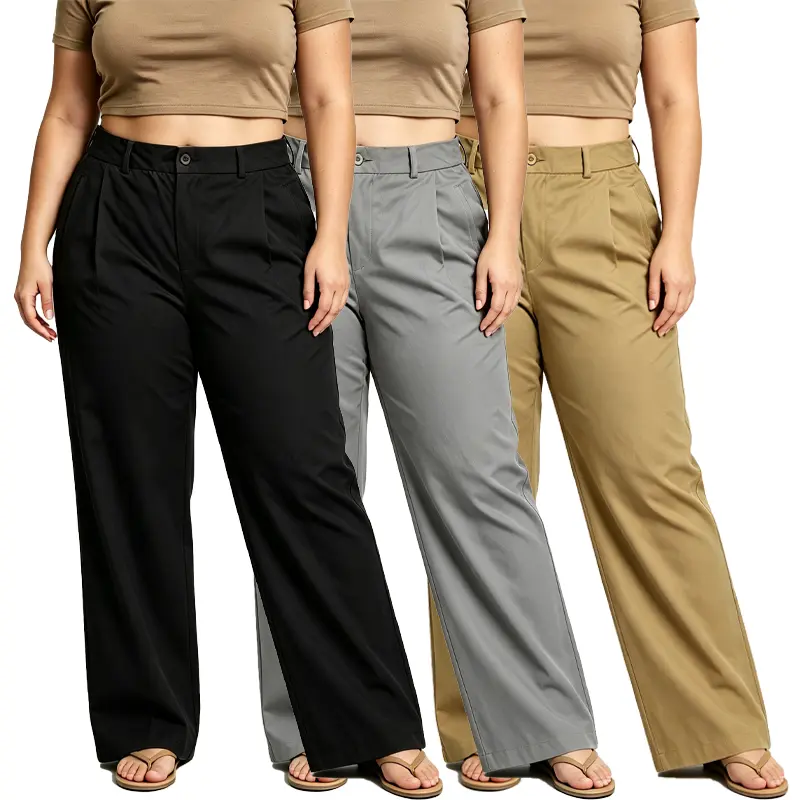 3-pack women’s high-waisted pleated straight-leg dress pants with button closure at the waistband, soft and lightweight, suitable for casual and business wear