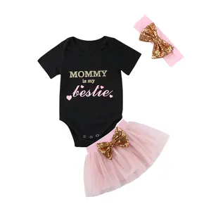 Newborn Baby Girls 3Pcs Romper Skirt Set Short Sleeve Mommy is My Bestie T Shirt Bodysuit Sequin Bow Tulle Tutu Skirt Princess Birthday Party Dresses