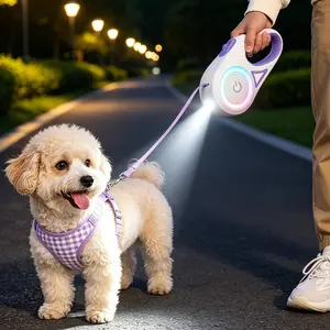 Smart Retractable Dog Leash with LED Flashlight & RGB Color Changing Light Ring, 360 °     Tangle-Free Heavy Duty Automatic Pet Walking Leash Rope, Rechargeable Touch Control Night Safety Dog Lead for Small Medium Dogs Puppy Corgi