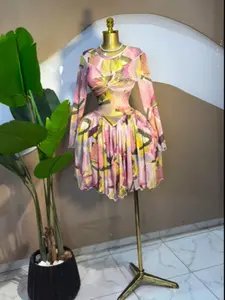 QFAF Women's Leaf Floral Print Round Neck Long Sleeve Wrap Front Swing A-line Midi Mini Dress, Fitted, Birthday Party Fashion Dress, Dressy Cocktail Dress, Beach Holiday Vacation Dress, Streetwear Night Out Dress