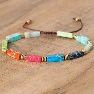 Colorful Sea Sediment Jasper Bracelet - Natural Gemstone Rectangular Beads Friendship Bracelet for Yoga and Vacation