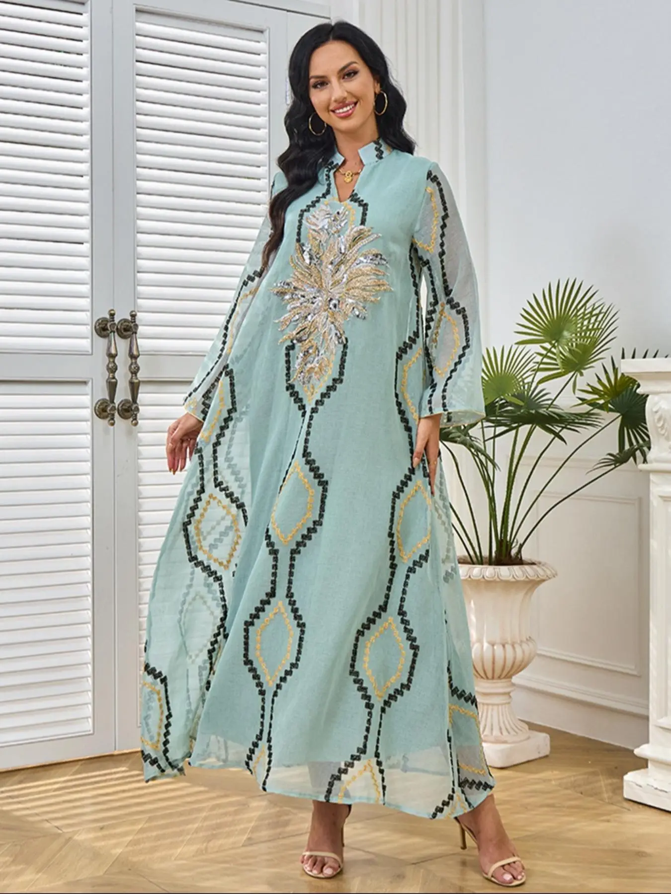 Women's Embroidered Sequins Abaya without Hijabs, Elegant Long Sleeve Open Front Abaya for Women, Ladies Islamic Clothing for Summer