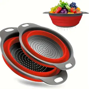 Collapsible Silicone Colander with Handle, 2 Counts/set Vegetable & Fruit Colander, Kitchen Food Strainers, Kitchen Gadgets, Utensils