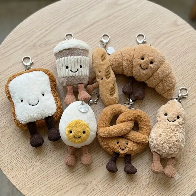 Cute Plush Food Keychain Bag Charm – Soft Stuffed Bakery & Breakfast Pendant Keyring (Toast, Coffee, Boiled Egg, Croissant, Pretzel, Baguette, Peanut)