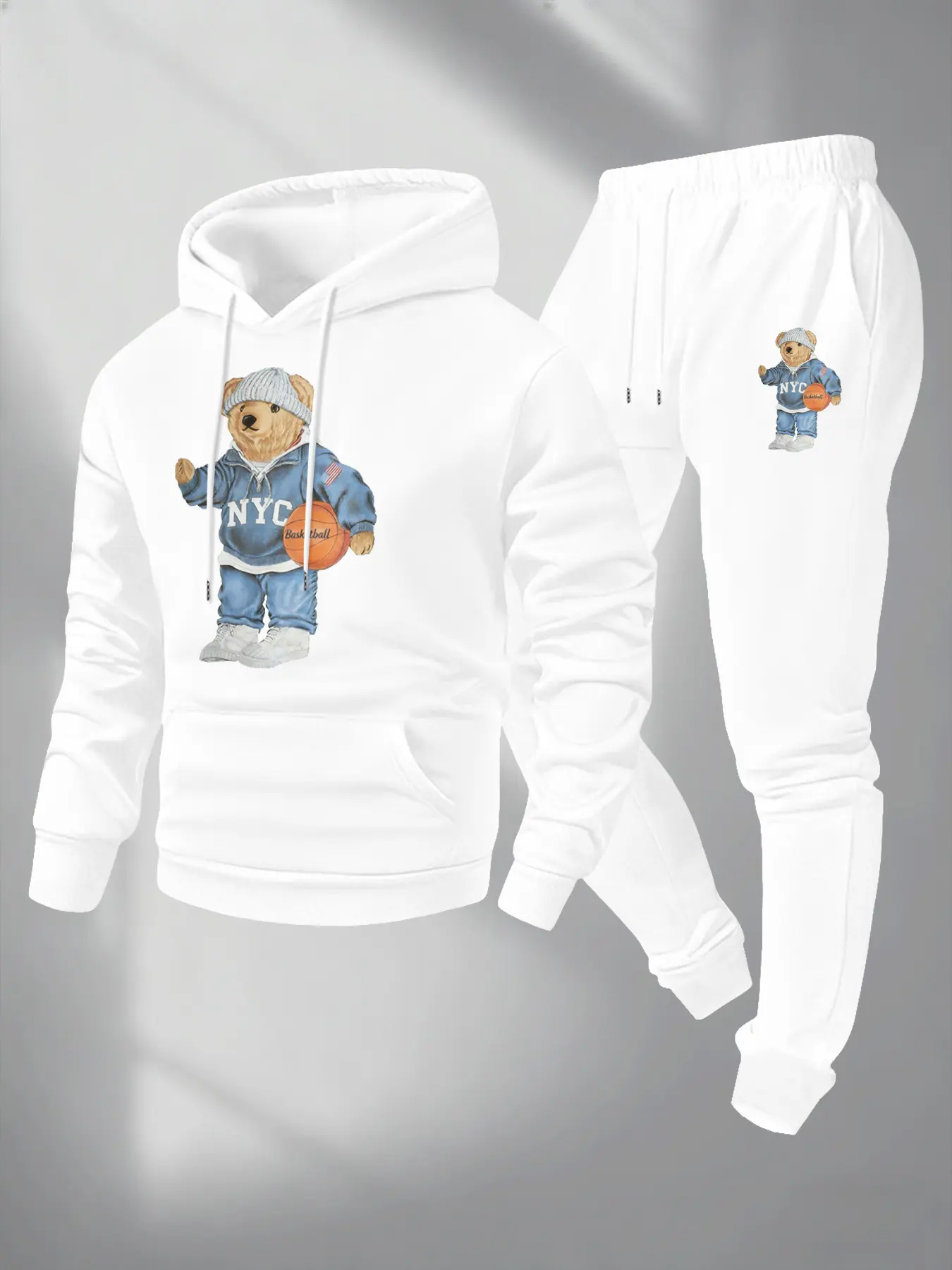 Men's Bear Basketball Hoodie Set, Casual Fitted Long Sleeve Sweatshirt and Sports Pants, Fall & Winter Comfort, Streetwear Tracksuit Set, Athletic Sportswear, Athleisure Tracksuit Sets