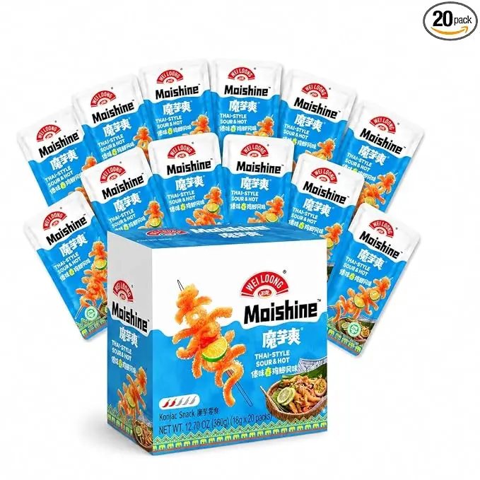 WEILOONG Thai-Style Sour & Spicy Konjac Snack, Chewy Plant-Based Bites, 25 Calories per Serving, 20 Individually Wrapped Packs, 12.7 oz