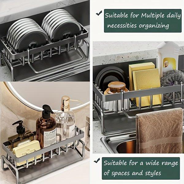 Kitchen Sink Organizer Tray with Sponge Holder Dish Soap Brush Rack Multi Purpose Countertop Storage Space Saving for Kitchen Bathroom Durable Design