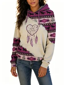 Women's Vintage Western Aztec Tribal Hoodie for Women,Navajo Geometric Pattern Color Block Long Sleeve Hooded Sweatshirt with Drawstring & Pocket, Boho Ethnic Casual Pullover Top