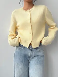 Casual Solid Color Round Neck Long Sleeve Oversized Cropped Cardigan Sweater For Women Tops For School In Fall/Winter Knitwear