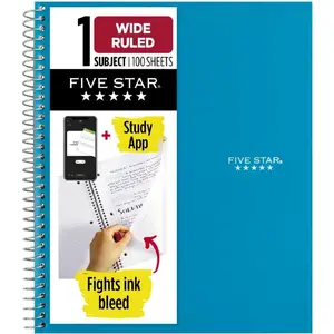 FiveStarSpiralNotebook+StudyApp,1Subject,WideRuledPaper,8"x10-1/2",100Sheets,FightsInkBleed,WaterResistantCover,TidewaterBlue(72875)-Limited-time discount