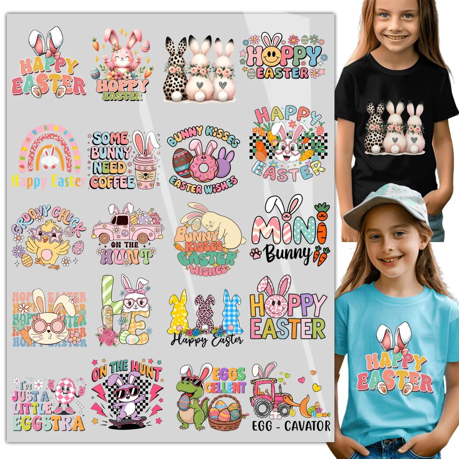 20sheet Happy Easter Iron on Decals for T Shirts Heat Transfer Design, Bunny Iron on Transfers Appliques Crafts Egg Pattern Iron on Patches for Easter Clothing Hoodies, DIY Supplies Ready to Press