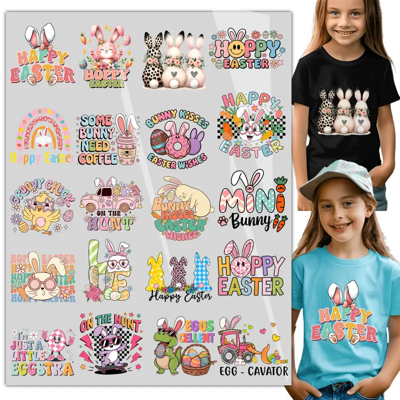 20sheet Happy Easter Iron on Decals for T Shirts Heat Transfer Design, Bunny Iron on Transfers Appliques Crafts Egg Pattern Iron on Patches for Easter Clothing Hoodies, DIY Supplies Ready to Press