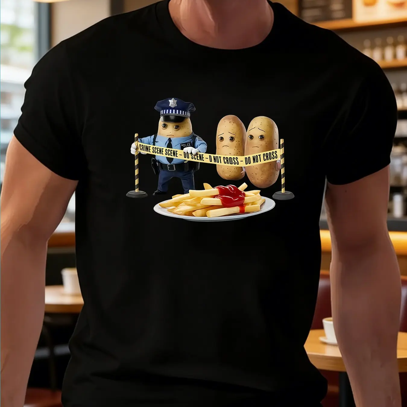 Funny Potato & French Fries Print T-Shirt - Humorous Potato Design, Loose Fit Round Neck Breathable Summer Casual Top Suitable for Parties, Picnics, Casual Attire - Machine Washable Potato -Themed Apparel