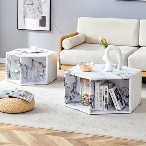 Minimalist white patterns hexagonal Coffee Table Set.Hexagonal MDF coffee table, characteristic pattern stickers, multi-hole design to give more storage space.Two coffee tables of different sizes. On-Site