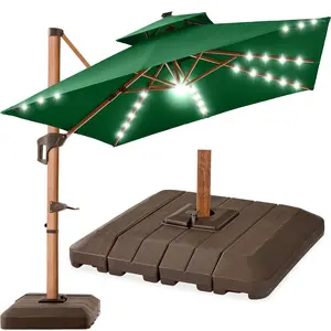 Best Choice Products 10ft Square Woodgrain Pattern 2-Tier Outdoor Solar LED Cantilever Umbrella w/ Base