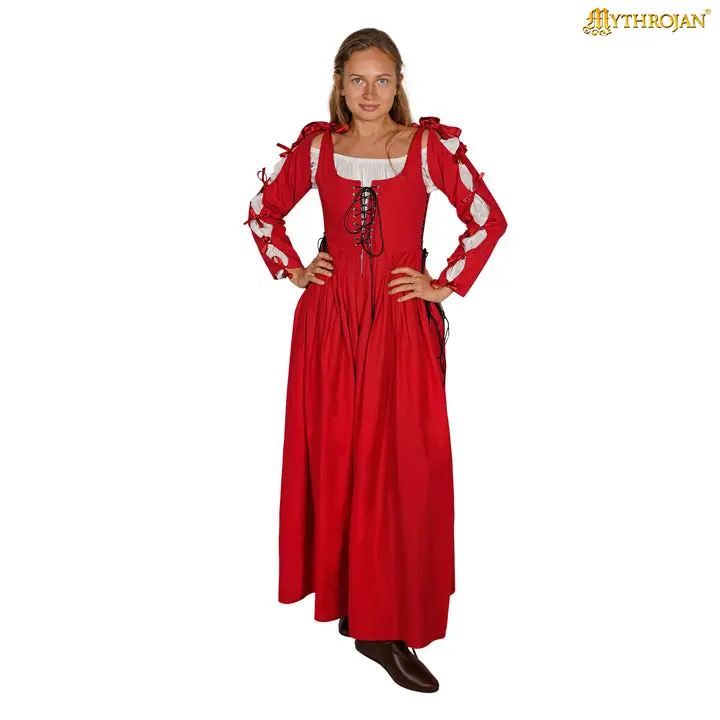 Mythrojan Women's Renaissance Cotton Fabric Dress - Medieval, Body Shaping, Full-Length Adjustable Lace Over Dress for Victorian Vintage Halloween, Red Adjustable Clothes